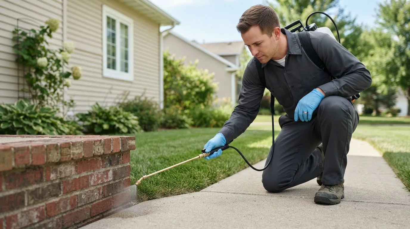 Pest control technician treating a home near Terrell, TX